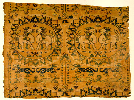 A lion motif on Sogdian polychrome silk, 8th century AD, most likely from Bukhara.
