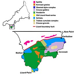 A simplified map showing the geology of the Lizard peninsula, Cornwall LizardGeologyMapCornwall.jpg