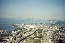 Railway Lands west of the CN Tower in 1999, shortly before new developments transformed the area into CityPlace in the early 21st century. Looking West from the CN Tower, Toronto, Ontario -- 2008-05-10.jpg