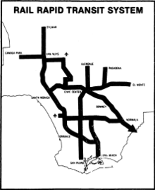 Rail system map included in the official 1980 Proposition A election pamphlet - the corridor is seen at the upper left Los Angeles County Proposition A rail rapid transit system map.png