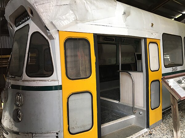 MBTA #3400 Type 6 wooden mockup from 1968, stored at Seashore Trolley Museum (2017)