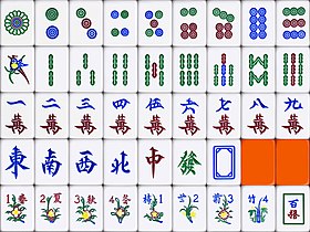 Macau style, similar to the Hong Kong tiles but the bird of one bamboo is different. Joker tiles are present. Both numbers and Chinese characters are marked on the flower tiles.