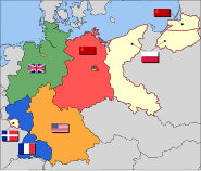 The eventual partition of Germany into Allied Occupation Zones:   British zone   French zone (two exclaves) and from 1947 the Saar protectorate   American zone   Soviet zone, later the DDR   Annexed territory