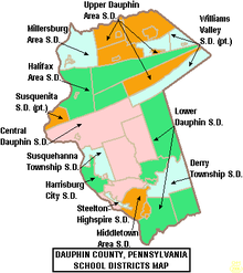 Mapo de Daŭfeno Distrikta Pensilvania Lernejo Districts.png