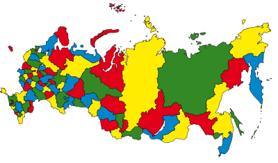 Kartta Venäjän federaation aiheista, maalattu neljällä värillä