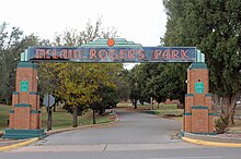 (2015) Entrance to McLain Rogers Park. Clinton, Oklahoma. National Register of Historic Places McLain Rogers Park.JPG