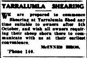 Advertisement for shearing services at the Yarralumla Woolshed by the McInnes Brothers in 1925 Mcinnes Bros Ad for shearing 1925.jpg