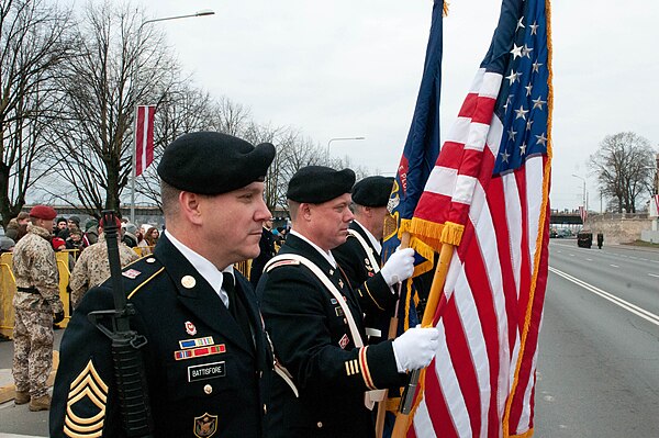 Members of the Michigan National Guard during the Latvia Day parade in Riga, Latvia, 18 November 2014