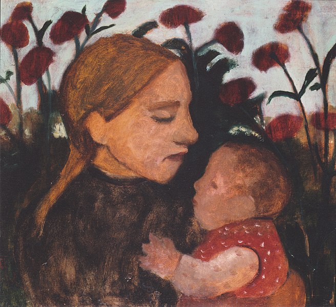 File:Modersohn-Becker - Mädchen mit Kind vor roten Blumen - 1902.jpeg