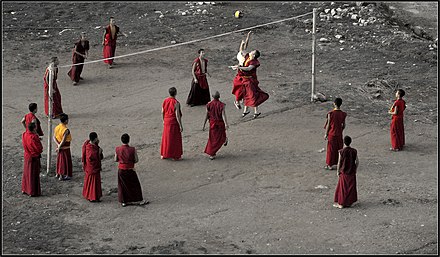 Buddhist monks play volleyball in the Himalayan state of Sikkim, India.