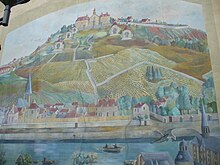 Peinture représentant une vue ancienne du mont Valérien (reproduction d'une gravure du XVIIe siècle).