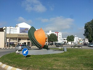 The symbolic orange monument at the center of Morphou, representing the town's citrus industry