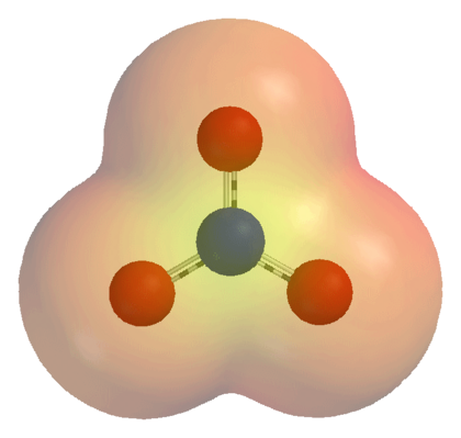 Een elektrondensiteitsplot van het nitraation (NO3−).