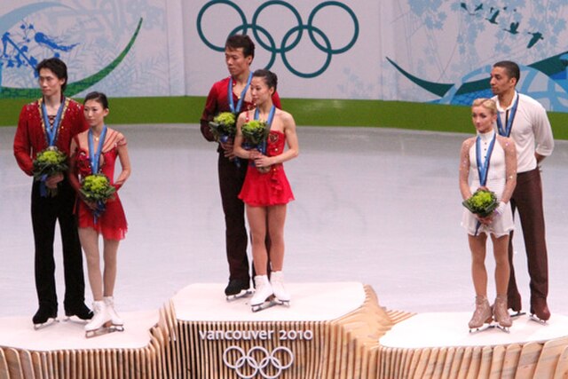 Shen and Zhao on the podium at the 2010 Winter Olympics.