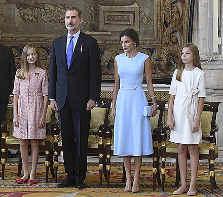 King Felipe VI, Queen Letizia and their two daughters, the Princess of Asturias and Infanta Sofia, in June 2019
