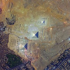 Orion's Belt superimposed on the Giza pyramid complex, illustrating the Orion Correlation Theory. From left to right: Alnitak on the Great Pyramid of Giza, Alnilam on the pyramid of Khafre, and Mintaka on the pyramid of Menkaure Orion belt vs giza pyramid complex.jpg