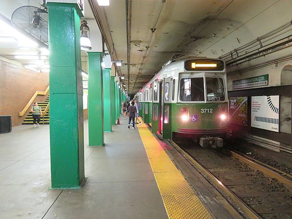 An outbound train at Hynes Convention Center station in 2019