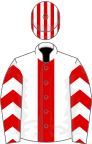 White, red stripe and chevrons on sleeves, striped cap