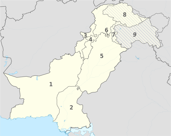 Pakistan (claimed by others and Pakistan claims hatched), administrative divisions - Nmbrs - monochrome.svg