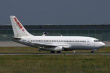 A Palmair Boeing 737-200, in old livery, lands at Stuttgart Airport, Germany. (2006) Palmair B732 G-CEAF.jpg