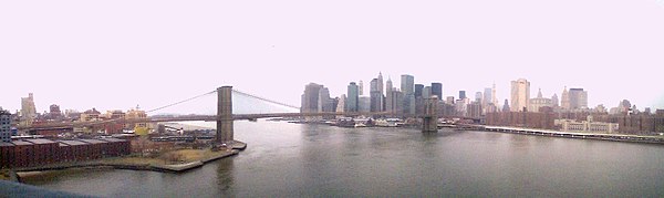 Vue panoramique du pont de Brooklyn et de la pointe de Manhattan, prise à partir du pont de Manhattan