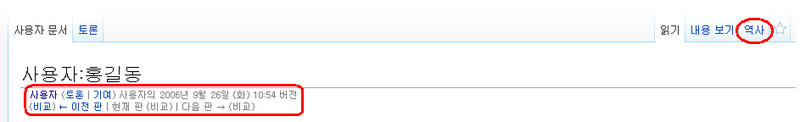 역사 탭 → 특정판 선택 → 문서 상단에 해당 편집 일자와 편집자가 표시된 화면