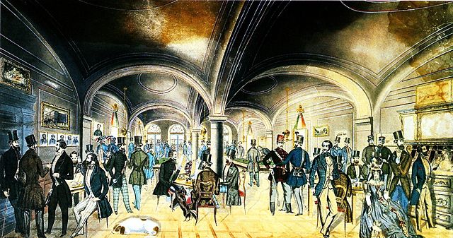 The entrance room of the Pilvax coffee palace at Pest in the 1840s
