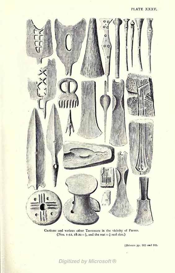 Castione and various other Terremare in the vicinity of Parma. (Nos. 1-12, 18-20 = ½, and the rest = ¼ real size.) [Between pp. 312 and 313.