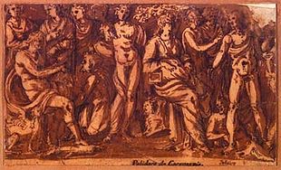 Amore chiede a Giove la mano di Psiche (verso 1524), Lavis, probabilmente studio per la decorazione del palazzo del poeta Bernardino RotaLosanna, collezione privata(già parte della collezione Benjamin West)