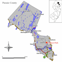 Mapa de Prospect Park en el condado de Passaic.  Recuadro: Ubicación del condado de Passaic resaltada en el estado de Nueva Jersey.