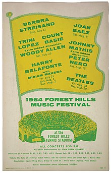 Poster for 1964 concerts at Forest Hills Tennis Stadium, headlining Barbra Streisand, Count Basie, Woody Allen, Johnny Mathis, Harry Belafonte, Peter Nero and The Beatles. RARE 1964 beatles poster (4288733615).jpg