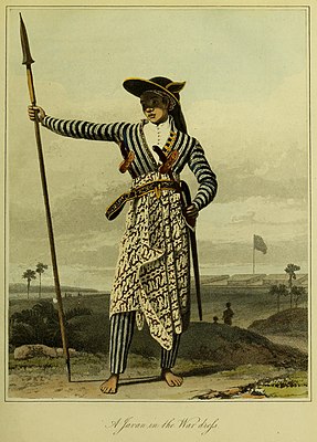 A Javanese man in war dress, The History of Java by Thomas Stamford Raffles (1817).