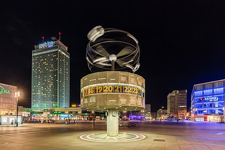 Night view of the World Clock (Urania-Weltzeituhr), Alexanderplatz, Berlin, Germany.