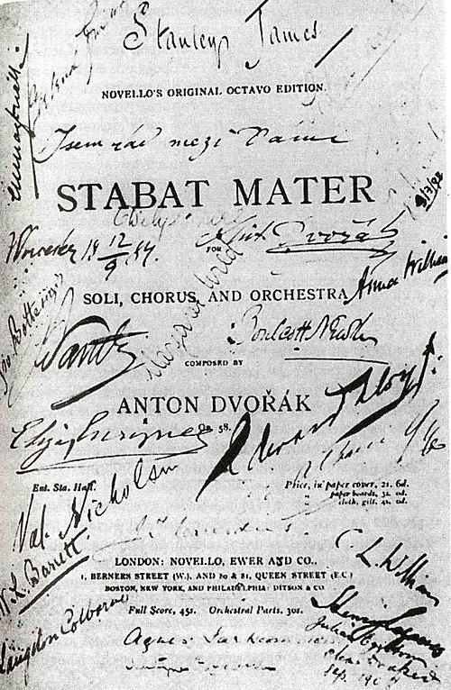 Title page of Novello's edition of the score of Dvořák's Stabat Mater: memento of the performance in Worcester on 12 September 1884, with signatures b