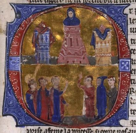 Raynald of Châtillon torturing Aimery, from a MS of William of Tyre's Historia and the Old French Continuation, painted in Acre, 13th century, now in 