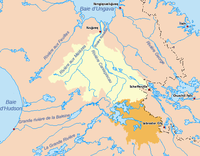Bassin versant (jaune) de la Rivière Koksoak (Québec, Canada). Bassin détourné de la Rivière Caniapiscau vers la Grande Rivière en orange.