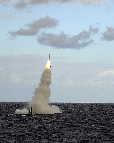 File:Royal Navy Submarine HMS Astute Fires a Tomahawk Cruise Missile (TLAM) During Testing Near the USA MOD 45153387.jpg