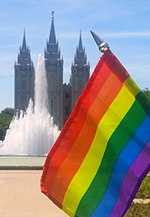 Nearly five thousand protesters gathered at the Salt Lake Temple after the passing of Proposition 8. SLC Temple Rainbow Flag.jpg