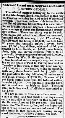 Listing for the Joseph Bond sale - "Sales of Land and Negroes in South Western Georgia," Albany Patriot via Macon Weekly Telegraph, January 17, 1860 Sales of Land and Negroes in South Western Georgia.jpg