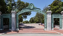Sather Gate, connecting Sproul Plaza to the inner campus, was a center of the Free Speech Movement. Sather Gate at University of California, Berkeley, California LCCN2013633500 (edited).jpg