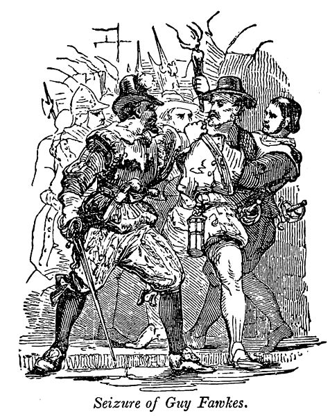 The seizure of Guy Fawkes as depicted in the book "A Pictorial History of England" (1854). Samuel G. Goodrich (1793–1860). Wikimedia Commons