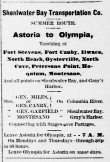 Advertisement for Shoalwater Bay Transportation Co., featuring Montesano and other steamers. Shoalwater Bay Transport Company 1882.png