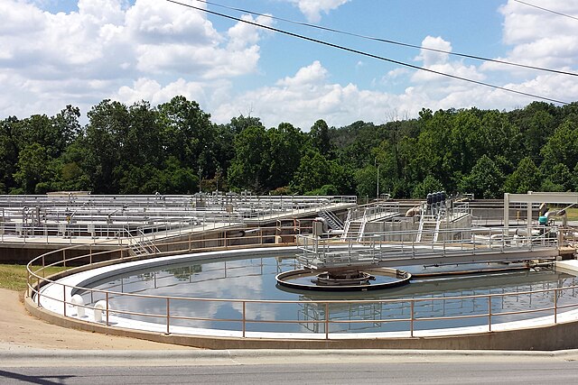 Primary clarifier (foreground) and aeration basins (background) at Siloam Springs Wastewater Treatment Plant