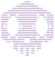 A series of purple characters create the image of a skull