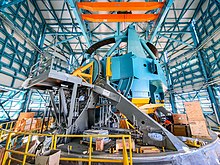 Telescope Mount Assembly of the 8.4-meter Simonyi Survey Telescope at Vera C. Rubin Observatory, under construction atop Cerro Pachón in Chile.