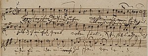 Last stanza of Neumann's hymn set to the Zahn 6634 melody in the soprano part of BWV 8/6: manuscript used for the premiere of Bach's chorale cantata in 1724. Soprano performance part of closing chorale of BWV 8, prepared for Bach's premiere of the cantata in 1724.jpg