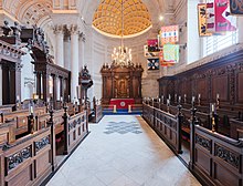 Lord Hannay's heraldic banner visible in the Chapel of the Order of St Michael and St George in St Paul's Cathedral, London. St Paul's Cathedral Chapel of St Michael & St George, London UK - Diliff.jpg