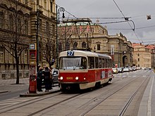 With more than 14,000 units built, Tatra T3 is the most widely produced tram model in history. Staromestska, Tatra T3 dc.jpg