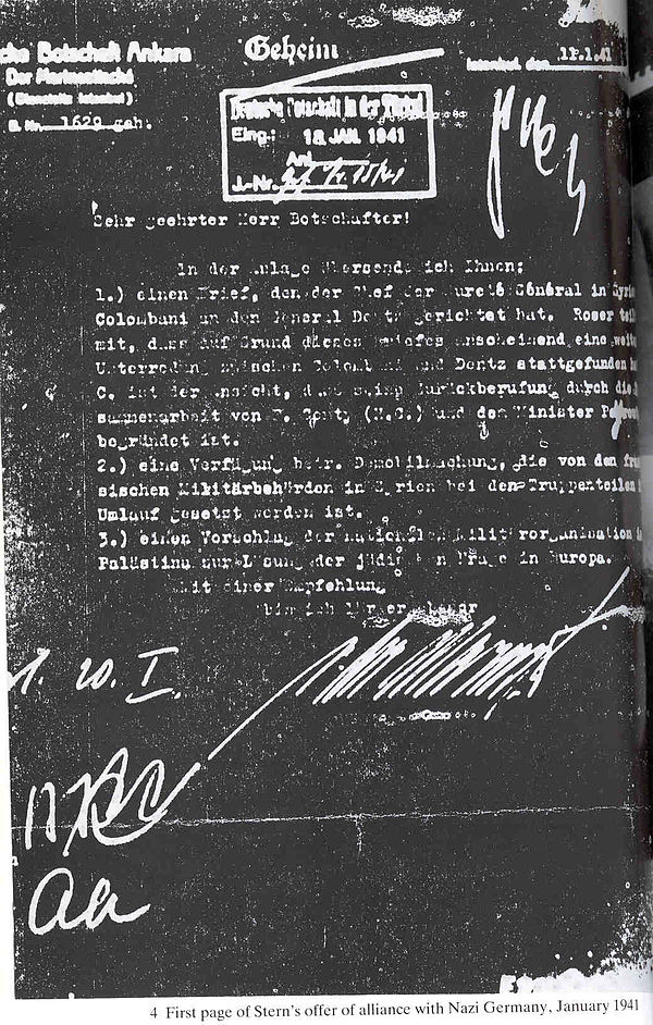 German covering letter attached to the January 1941 offer by Lehi. The offer was to "actively take part in the war on Germany's side" in return for Ge