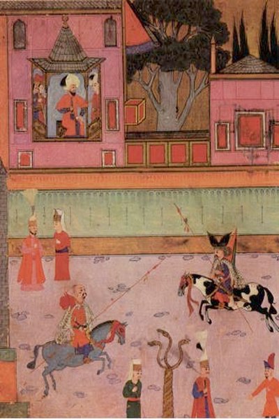 Miniature painting of a parade of two riding Gazi (veterans from Rumelia) in front of Sultan Murat III (from the Surname-i hümayun, 16th century)